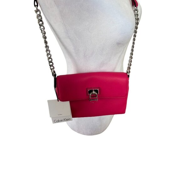 Y2K AESTHETIC HOT PINK LEATHER CHAIN LOCK LINK CALVIN KLEIN SHOULDER BAG NWT - Picture 3 of 5